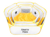 Large, medium and small assembled Crafty Pods in yellow